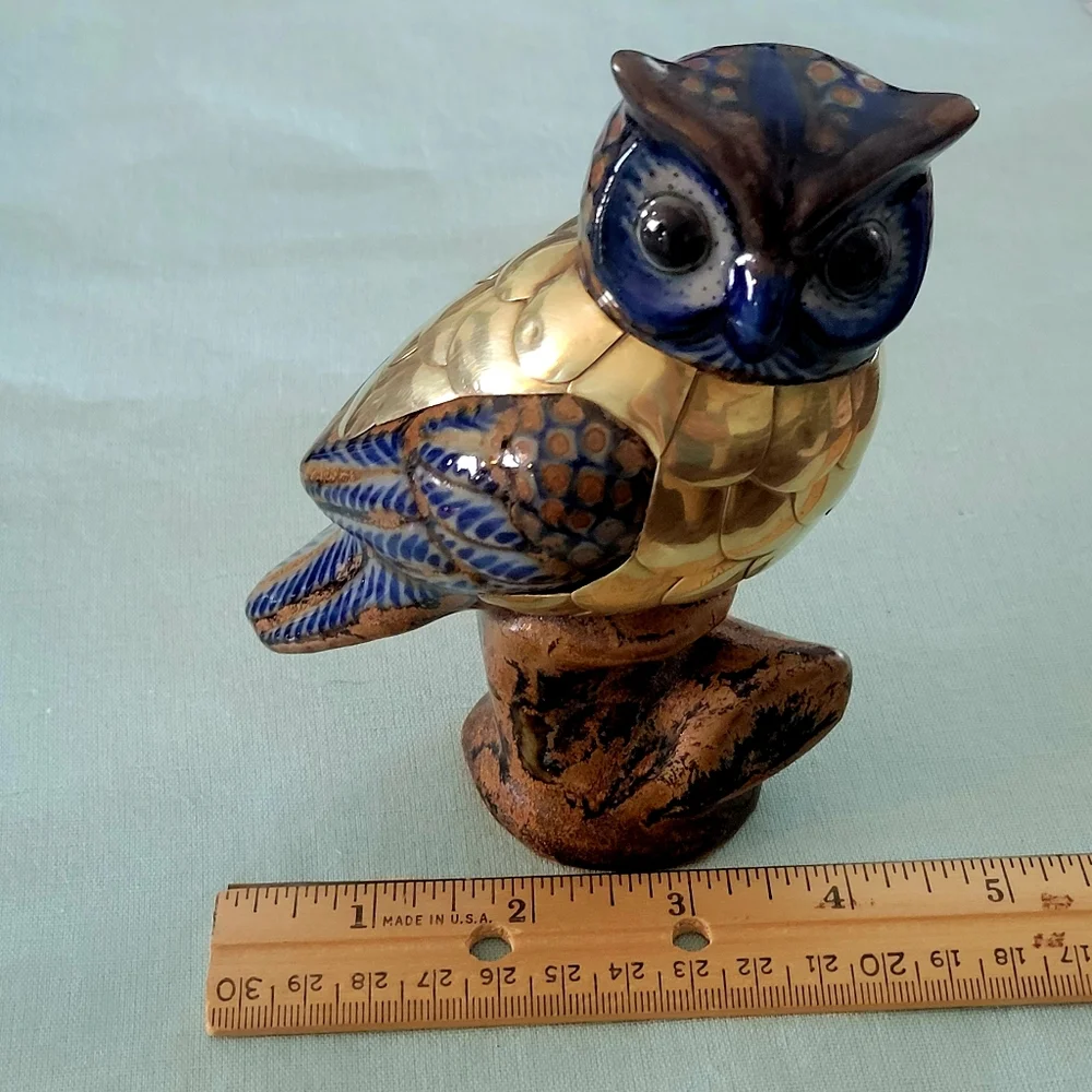 Vintage,Brass, and Ceramic Figurine Blue and Gold Owl Figurine